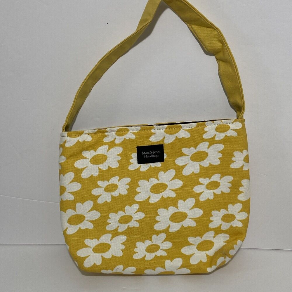 Madison Handbag Small Tote Yellow Floral Canvas 9”x6.5” Snap Closure